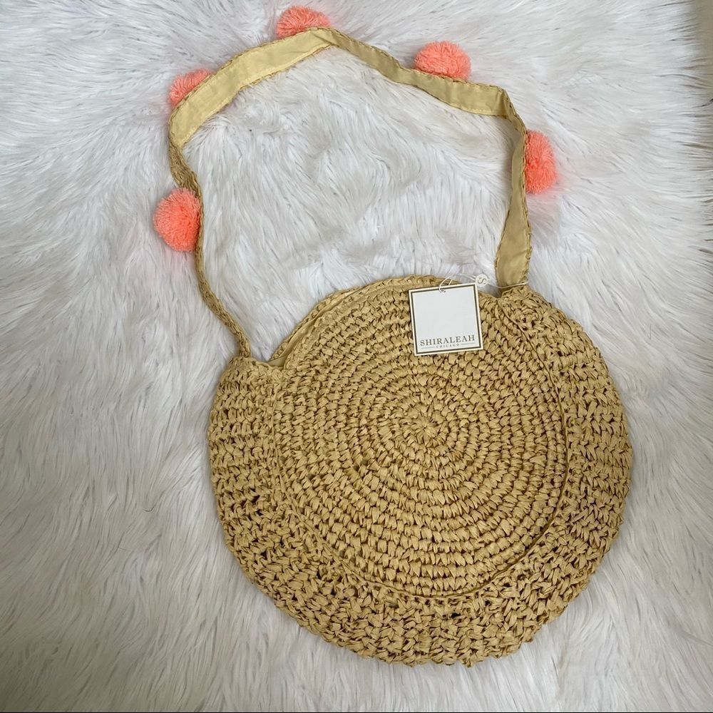 NEW SHIRALEAH round straw bag with Pom Pom strap